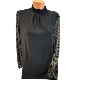Anne Klein Top XL Black Blouse Gold Mesh Long Sleeve High Neck Fancy Sleeves